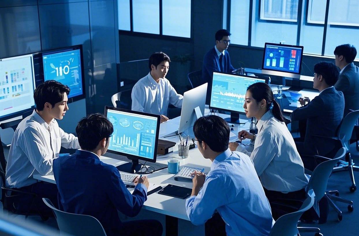 数字化营销团队开会讨论的图片（背景有数据大屏）